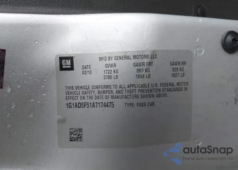 2010 Chevrolet Cobalt Lt из США, поврежденный, VIN 1G1AD5F51A7174475